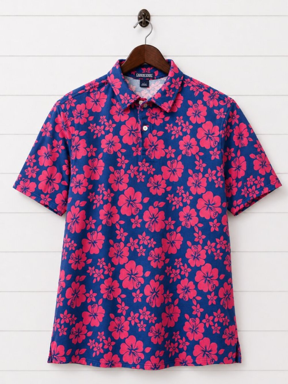Lands' End Hawaiian Floral Polo Shirt Mens L Pink Blue Tropical Island Cotton